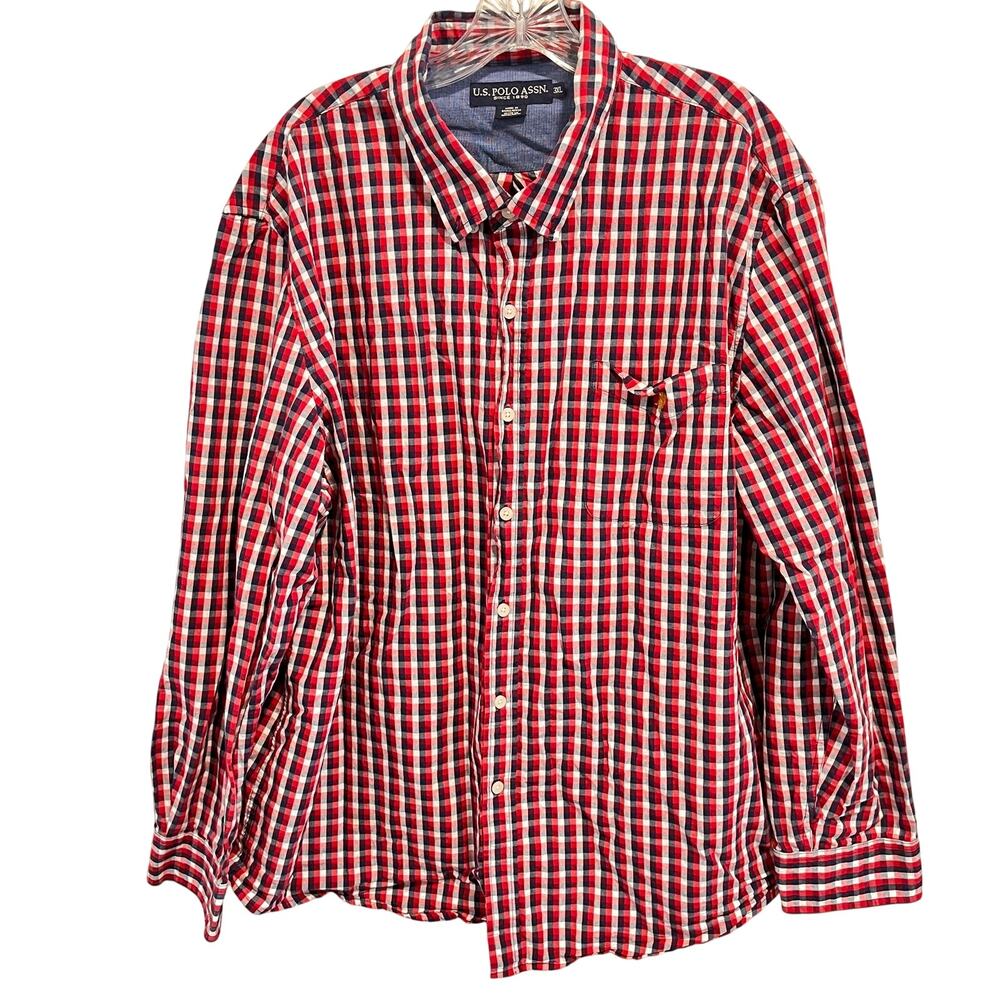 U.S. Polo Assn. Men Button Down Shirt Red White Blue Plaid Long Sleeve Check 3XL